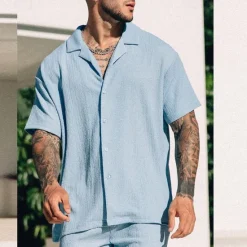 Clearance OUKU Men's Shirt Shirt Set Summer Shirt Button Up Shirt Casual Shirt Beach Shirt Black Blue Green Short Sleeve Plain Camp Collar Holiday Vacation 2 Piece Clothing Apparel Fashion Casual Comfortable