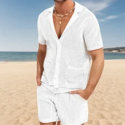 New OUKU Men's Shirt Shirt Set Summer Shirt Casual Shirt Beach Shirt Button Up Shirt Black White Royal Blue Light Grey Light Blue Short Sleeve Plain Lapel Vacation Hawaiian Mesh Clothing Apparel Polyester