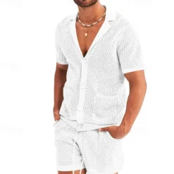 New OUKU Men's Shirt Shirt Set Summer Shirt Casual Shirt Beach Shirt Button Up Shirt Black White Royal Blue Light Grey Light Blue Short Sleeve Plain Lapel Vacation Hawaiian Mesh Clothing Apparel Polyester