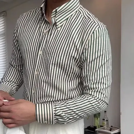 Online OUKU Men's Shirt Spearpoint Collar Shirt Dress Shirt Button Up Shirt Stripe Wedding Party Navy Blue Brown Green Long Sleeve Lapel Spring & Fall Clothing Apparel
