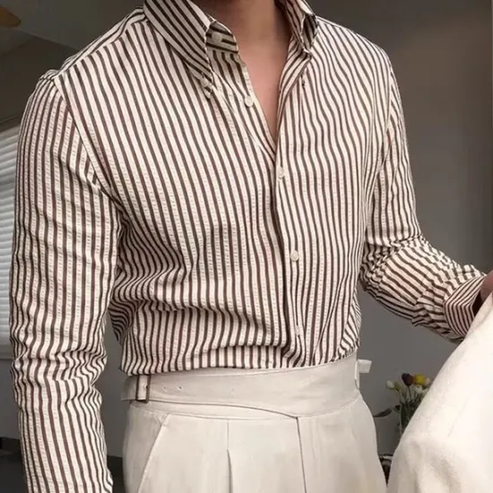 Online OUKU Men's Shirt Spearpoint Collar Shirt Dress Shirt Button Up Shirt Stripe Wedding Party Navy Blue Brown Green Long Sleeve Lapel Spring & Fall Clothing Apparel