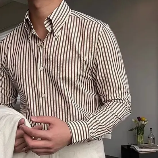 Online OUKU Men's Shirt Spearpoint Collar Shirt Dress Shirt Button Up Shirt Stripe Wedding Party Navy Blue Brown Green Long Sleeve Lapel Spring & Fall Clothing Apparel
