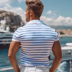 Hot OUKU Men's Shirt Striped Horizontal Stripes Casual Cable Knit Polo Short Sleeve Outdoor Causal Casual Summer Print Turndown Blue Micro-elastic 48% cotton, 48% polyester, 4% spandex Black