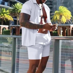 Online OUKU Men's Shirt Suits 2 Pieces Outfits Tee & Shorts Short Sleeve Lapel Summer Plain Fashion Casual Buttons 2 Piece Vacation Daily Wear Going out Black White Red Top Tee for Men