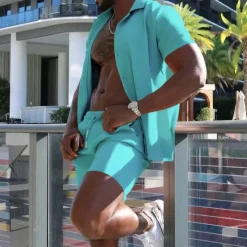 Online OUKU Men's Shirt Suits 2 Pieces Outfits Tee & Shorts Short Sleeve Lapel Summer Plain Fashion Casual Buttons 2 Piece Vacation Daily Wear Going out Black White Red Top Tee for Men