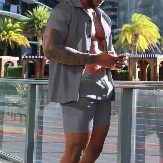 Online OUKU Men's Shirt Suits 2 Pieces Outfits Tee & Shorts Short Sleeve Lapel Summer Plain Fashion Casual Buttons 2 Piece Vacation Daily Wear Going out Black White Red Top Tee for Men