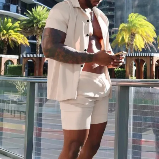 Online OUKU Men's Shirt Suits 2 Pieces Outfits Tee & Shorts Short Sleeve Lapel Summer Plain Fashion Casual Buttons 2 Piece Vacation Daily Wear Going out Black White Red Top Tee for Men
