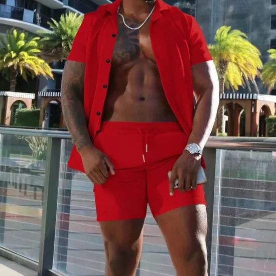 Online OUKU Men's Shirt Suits 2 Pieces Outfits Tee & Shorts Short Sleeve Lapel Summer Plain Fashion Casual Buttons 2 Piece Vacation Daily Wear Going out Black White Red Top Tee for Men