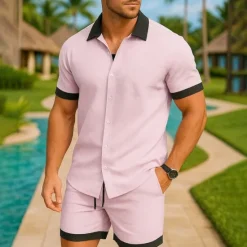 OUKU Men's Shirt Suits 2 Pieces Outfits Tee & Shorts Short Sleeve Lapel Summer Color Block Fashion Casual 2 Piece Vacation Daily Wear Going out Black White Pink Top Tee for Men