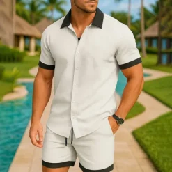 OUKU Men's Shirt Suits 2 Pieces Outfits Tee & Shorts Short Sleeve Lapel Summer Color Block Fashion Casual 2 Piece Vacation Daily Wear Going out Black White Pink Top Tee for Men
