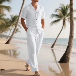 Best OUKU Men's Shirt Suits Shirt and Pant Sets 2 Pieces Outfits Short Sleeve Lapel Summer Plain Fashion Casual 2 Piece Vacation Daily Wear Going out Black White Khaki Top Tee for Men