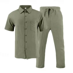 Best OUKU Men's Shirt Suits Shirt and Pant Sets 2 Pieces Outfits Short Sleeve Lapel Summer Plain Fashion Casual 2 Piece Vacation Daily Wear Going out Black White Khaki Top Tee for Men