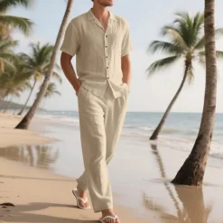 Best OUKU Men's Shirt Suits Shirt and Pant Sets 2 Pieces Outfits Short Sleeve Lapel Summer Plain Fashion Casual 2 Piece Vacation Daily Wear Going out Black White Khaki Top Tee for Men