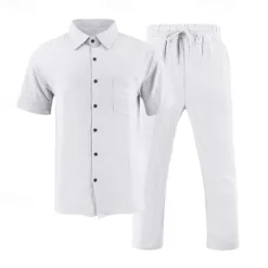 Best OUKU Men's Shirt Suits Shirt and Pant Sets 2 Pieces Outfits Short Sleeve Lapel Summer Plain Fashion Casual 2 Piece Vacation Daily Wear Going out Black White Khaki Top Tee for Men