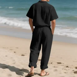 Best OUKU Men's Shirt Suits Shirt and Pant Sets 2 Pieces Outfits Short Sleeve Lapel Summer Plain Fashion Casual 2 Piece Vacation Daily Wear Going out Black White Khaki Top Tee for Men