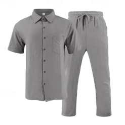 Best OUKU Men's Shirt Suits Shirt and Pant Sets 2 Pieces Outfits Short Sleeve Lapel Summer Plain Fashion Casual 2 Piece Vacation Daily Wear Going out Black White Khaki Top Tee for Men