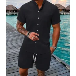 Clearance OUKU Men's Shirt Suits T-shirt Suits 2 Pieces Outfits Tee & Shorts Short Sleeve Standing Collar Summer Plain Fashion Casual 2 Piece Vacation Daily Wear Going out Black White Navy Blue Top Tee for Men