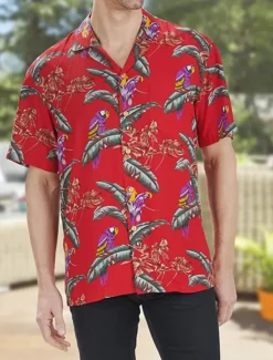 OUKU Men's Shirt Summer Hawaiian Shirt Button Up Shirt Casual Shirt Camp Collar Shirt Graphic Prints Flower / Floral Turndown Black Red Street Holiday Short Sleeve Button Print Clothing Apparel Tropical