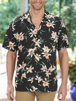 OUKU Men's Shirt Summer Hawaiian Shirt Button Up Shirt Casual Shirt Camp Collar Shirt Graphic Prints Flower / Floral Turndown Black Red Street Holiday Short Sleeve Button Print Clothing Apparel Tropical
