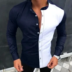 Online OUKU Men's Shirt Summer Shirt Button Up Shirt Black-White Dark Navy Green Long Sleeve Color Block Stand Collar Street Daily Button-Down Clothing Apparel Fashion Casual Comfortable