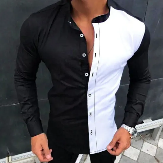 Online OUKU Men's Shirt Summer Shirt Button Up Shirt Black-White Dark Navy Green Long Sleeve Color Block Stand Collar Street Daily Button-Down Clothing Apparel Fashion Casual Comfortable