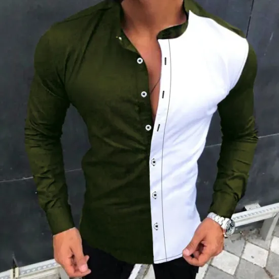 Online OUKU Men's Shirt Summer Shirt Button Up Shirt Black-White Dark Navy Green Long Sleeve Color Block Stand Collar Street Daily Button-Down Clothing Apparel Fashion Casual Comfortable