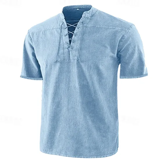 Best OUKU Men's Shirt Summer Shirt Beach Wear Casual Shirt Black Wine Army Green Navy Blue Blue Short Sleeve Plain Solid Colored Stand Collar Outdoor Street Lace up Clothing Apparel Fashion Casual Breathable