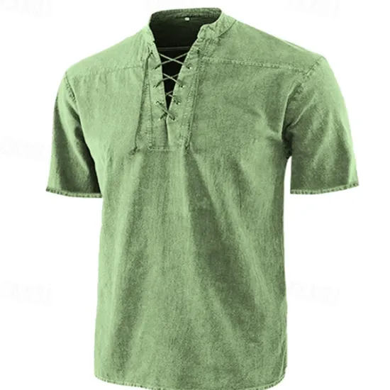 Best OUKU Men's Shirt Summer Shirt Beach Wear Casual Shirt Black Wine Army Green Navy Blue Blue Short Sleeve Plain Solid Colored Stand Collar Outdoor Street Lace up Clothing Apparel Fashion Casual Breathable