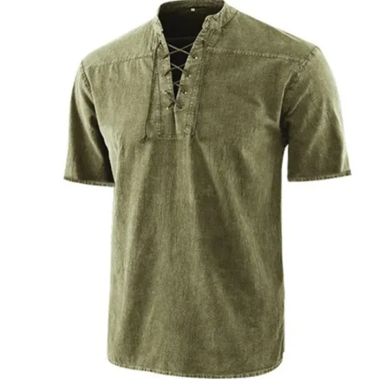Best OUKU Men's Shirt Summer Shirt Beach Wear Casual Shirt Black Wine Army Green Navy Blue Blue Short Sleeve Plain Solid Colored Stand Collar Outdoor Street Lace up Clothing Apparel Fashion Casual Breathable