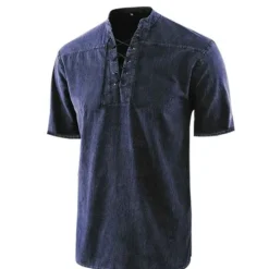 Best OUKU Men's Shirt Summer Shirt Beach Wear Casual Shirt Black Wine Army Green Navy Blue Blue Short Sleeve Plain Solid Colored Stand Collar Outdoor Street Lace up Clothing Apparel Fashion Casual Breathable