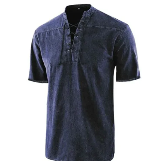 Best OUKU Men's Shirt Summer Shirt Beach Wear Casual Shirt Black Wine Army Green Navy Blue Blue Short Sleeve Plain Solid Colored Stand Collar Outdoor Street Lace up Clothing Apparel Fashion Casual Breathable