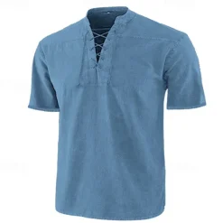 Best OUKU Men's Shirt Summer Shirt Beach Wear Casual Shirt Black Wine Army Green Navy Blue Blue Short Sleeve Plain Solid Colored Stand Collar Outdoor Street Lace up Clothing Apparel Fashion Casual Breathable