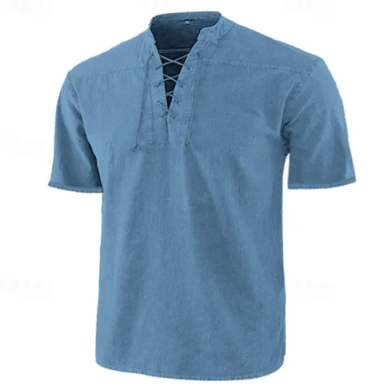 Best OUKU Men's Shirt Summer Shirt Beach Wear Casual Shirt Black Wine Army Green Navy Blue Blue Short Sleeve Plain Solid Colored Stand Collar Outdoor Street Lace up Clothing Apparel Fashion Casual Breathable