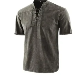 Best OUKU Men's Shirt Summer Shirt Beach Wear Casual Shirt Black Wine Army Green Navy Blue Blue Short Sleeve Plain Solid Colored Stand Collar Outdoor Street Lace up Clothing Apparel Fashion Casual Breathable