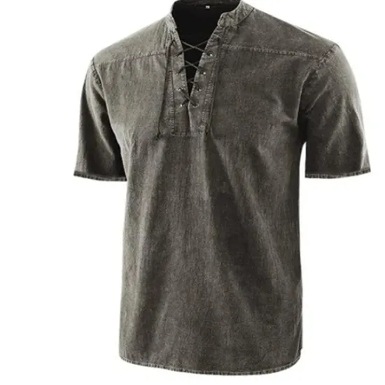 Best OUKU Men's Shirt Summer Shirt Beach Wear Casual Shirt Black Wine Army Green Navy Blue Blue Short Sleeve Plain Solid Colored Stand Collar Outdoor Street Lace up Clothing Apparel Fashion Casual Breathable