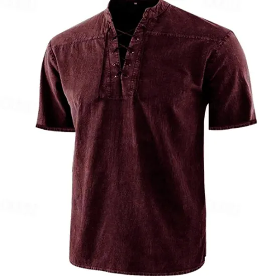 Best OUKU Men's Shirt Summer Shirt Beach Wear Casual Shirt Black Wine Army Green Navy Blue Blue Short Sleeve Plain Solid Colored Stand Collar Outdoor Street Lace up Clothing Apparel Fashion Casual Breathable