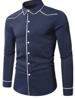 Hot OUKU Men's Shirt Summer Shirt Button Up Shirt Casual Shirt Black Wine Dark Blue Coffee Long Sleeve Plain Lapel Daily Vacation Clothing Apparel Fashion Casual Comfortable