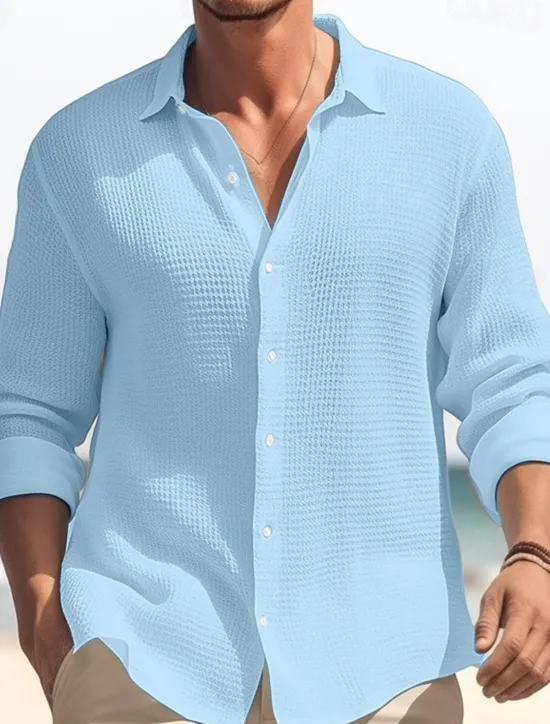 OUKU Men's Shirt Summer Shirt Button Up Shirt Casual Shirt Waffle Shirt Black White Blue khaki Long Sleeve Plain Lapel Daily Vacation Clothing Apparel Fashion Casual Comfortable