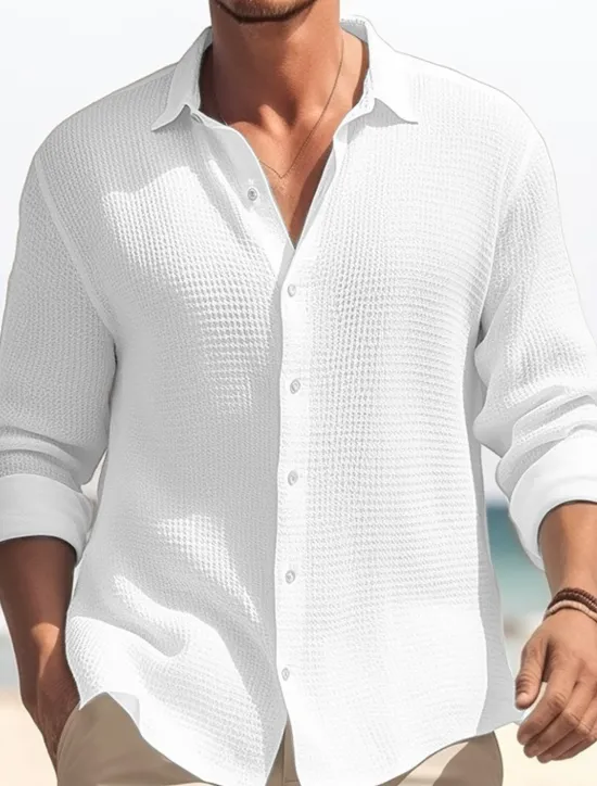 OUKU Men's Shirt Summer Shirt Button Up Shirt Casual Shirt Waffle Shirt Black White Blue khaki Long Sleeve Plain Lapel Daily Vacation Clothing Apparel Fashion Casual Comfortable