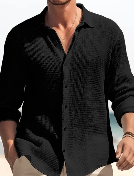 OUKU Men's Shirt Summer Shirt Button Up Shirt Casual Shirt Waffle Shirt Black White Blue khaki Long Sleeve Plain Lapel Daily Vacation Clothing Apparel Fashion Casual Comfortable