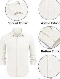 OUKU Men's Shirt Summer Shirt Button Up Shirt Casual Shirt Waffle Shirt Black White Blue khaki Long Sleeve Plain Lapel Daily Vacation Clothing Apparel Fashion Casual Comfortable