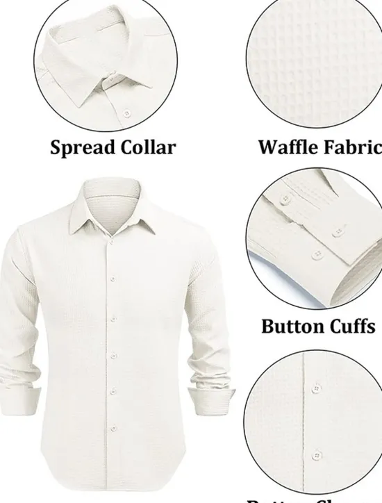 OUKU Men's Shirt Summer Shirt Button Up Shirt Casual Shirt Waffle Shirt Black White Blue khaki Long Sleeve Plain Lapel Daily Vacation Clothing Apparel Fashion Casual Comfortable