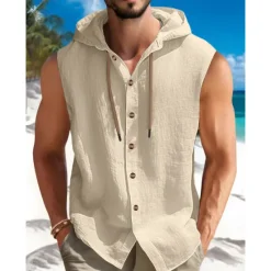 New OUKU Men's Shirt Summer Shirt Beach Wear Button Up Shirt Plain Vacation Curise Black White Blue Khaki Sleeveless Hooded Summer Spring Clothing Apparel