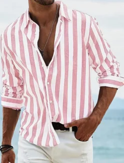 OUKU Men's Shirt Summer Shirt Beach Wear Button Up Shirt Light Pink Black Pink Sky Blue Dark Grey Long Sleeve Striped Collar Vacation Curise Clothing Apparel Fashion Leisure Hawaiian