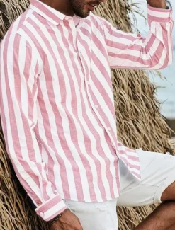 OUKU Men's Shirt Summer Shirt Beach Wear Button Up Shirt Light Pink Black Pink Sky Blue Dark Grey Long Sleeve Striped Collar Vacation Curise Clothing Apparel Fashion Leisure Hawaiian
