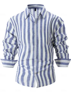 OUKU Men's Shirt Summer Shirt Beach Wear Button Up Shirt Light Pink Black Pink Sky Blue Dark Grey Long Sleeve Striped Collar Vacation Curise Clothing Apparel Fashion Leisure Hawaiian