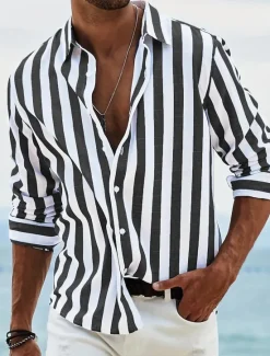 OUKU Men's Shirt Summer Shirt Beach Wear Button Up Shirt Light Pink Black Pink Sky Blue Dark Grey Long Sleeve Striped Collar Vacation Curise Clothing Apparel Fashion Leisure Hawaiian