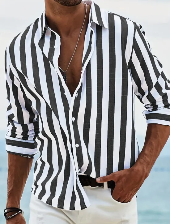 OUKU Men's Shirt Summer Shirt Beach Wear Button Up Shirt Light Pink Black Pink Sky Blue Dark Grey Long Sleeve Striped Collar Vacation Curise Clothing Apparel Fashion Leisure Hawaiian