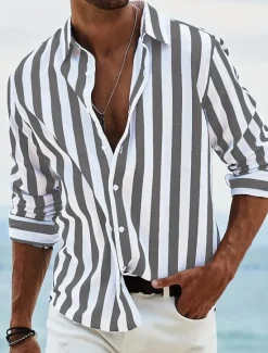 OUKU Men's Shirt Summer Shirt Beach Wear Button Up Shirt Light Pink Black Pink Sky Blue Dark Grey Long Sleeve Striped Collar Vacation Curise Clothing Apparel Fashion Leisure Hawaiian