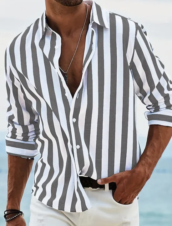 OUKU Men's Shirt Summer Shirt Beach Wear Button Up Shirt Light Pink Black Pink Sky Blue Dark Grey Long Sleeve Striped Collar Vacation Curise Clothing Apparel Fashion Leisure Hawaiian